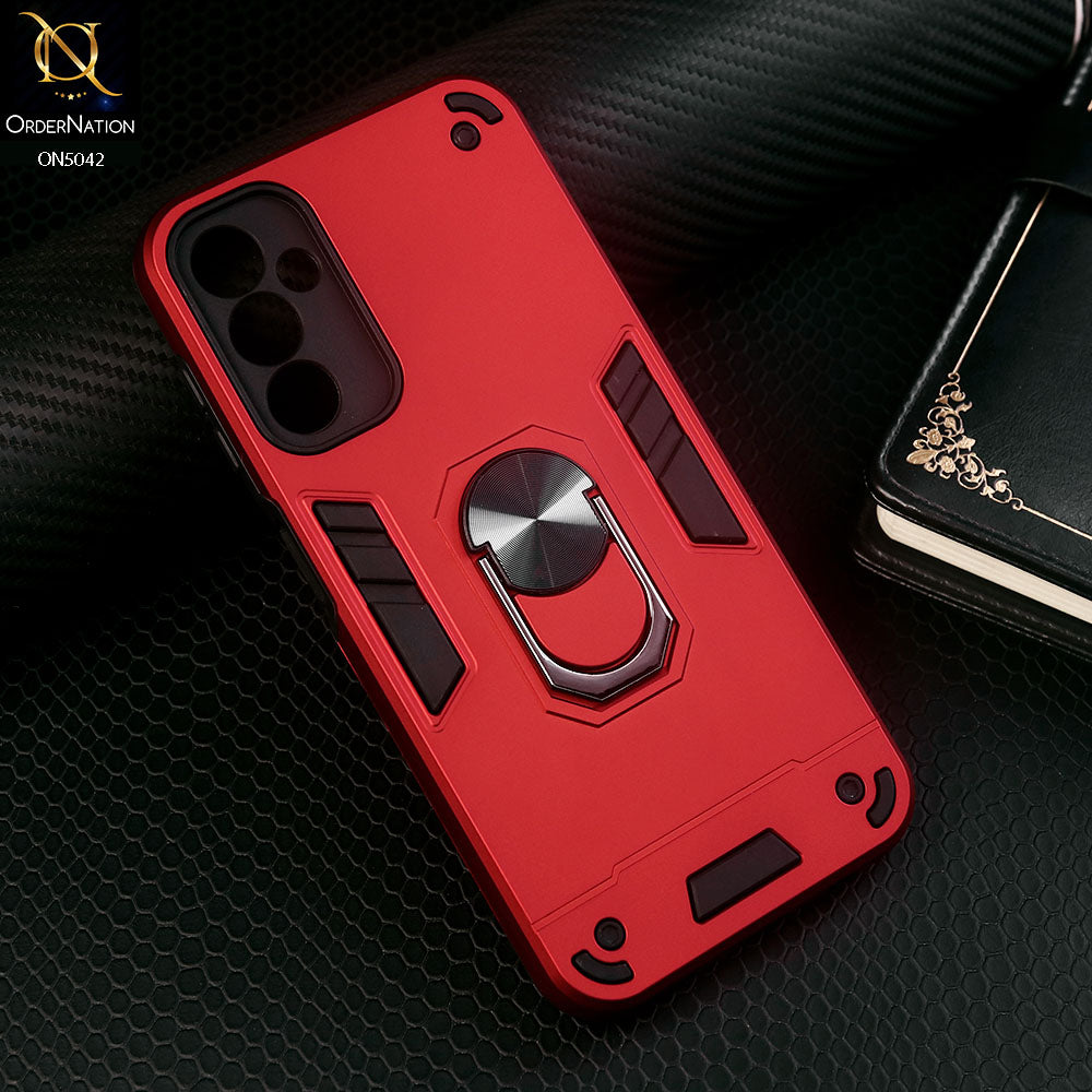 Samsung Galaxy A14 Cover - Red - New Dual PC + TPU Hybrid Style Protective Soft Border Case With Kickstand Holder