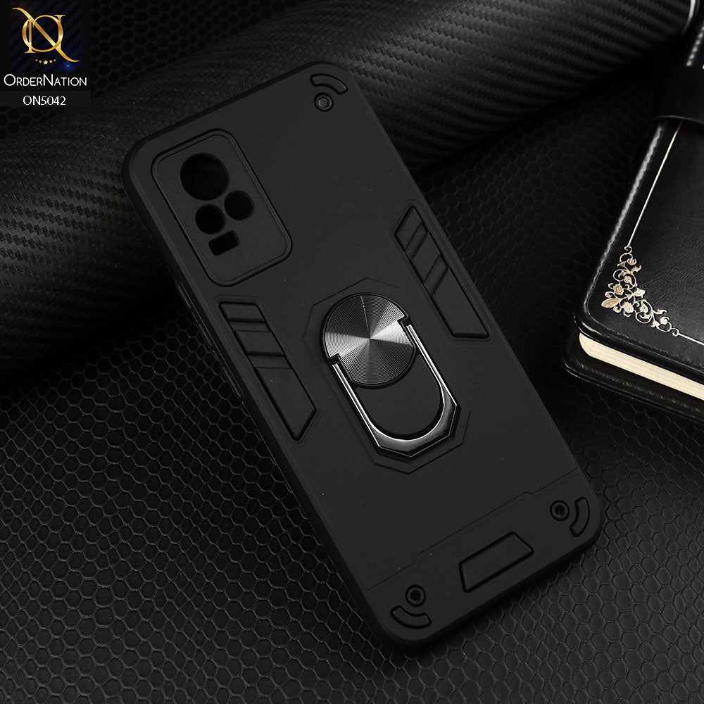 Vivo Y73 Cover - Black - New Dual PC + TPU Hybrid Style Protective Soft Border Case With Kickstand Holder