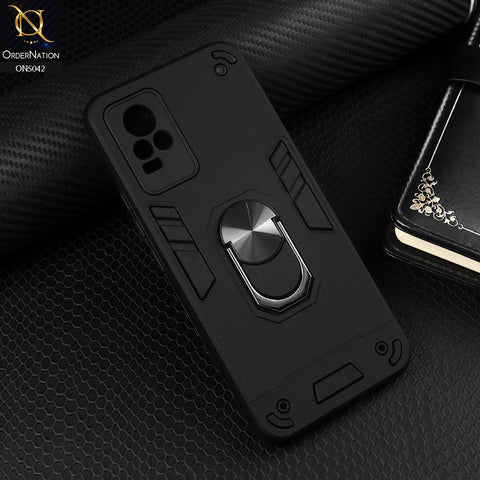 Vivo V21e Cover - Black - New Dual PC + TPU Hybrid Style Protective Soft Border Case With Kickstand Holder