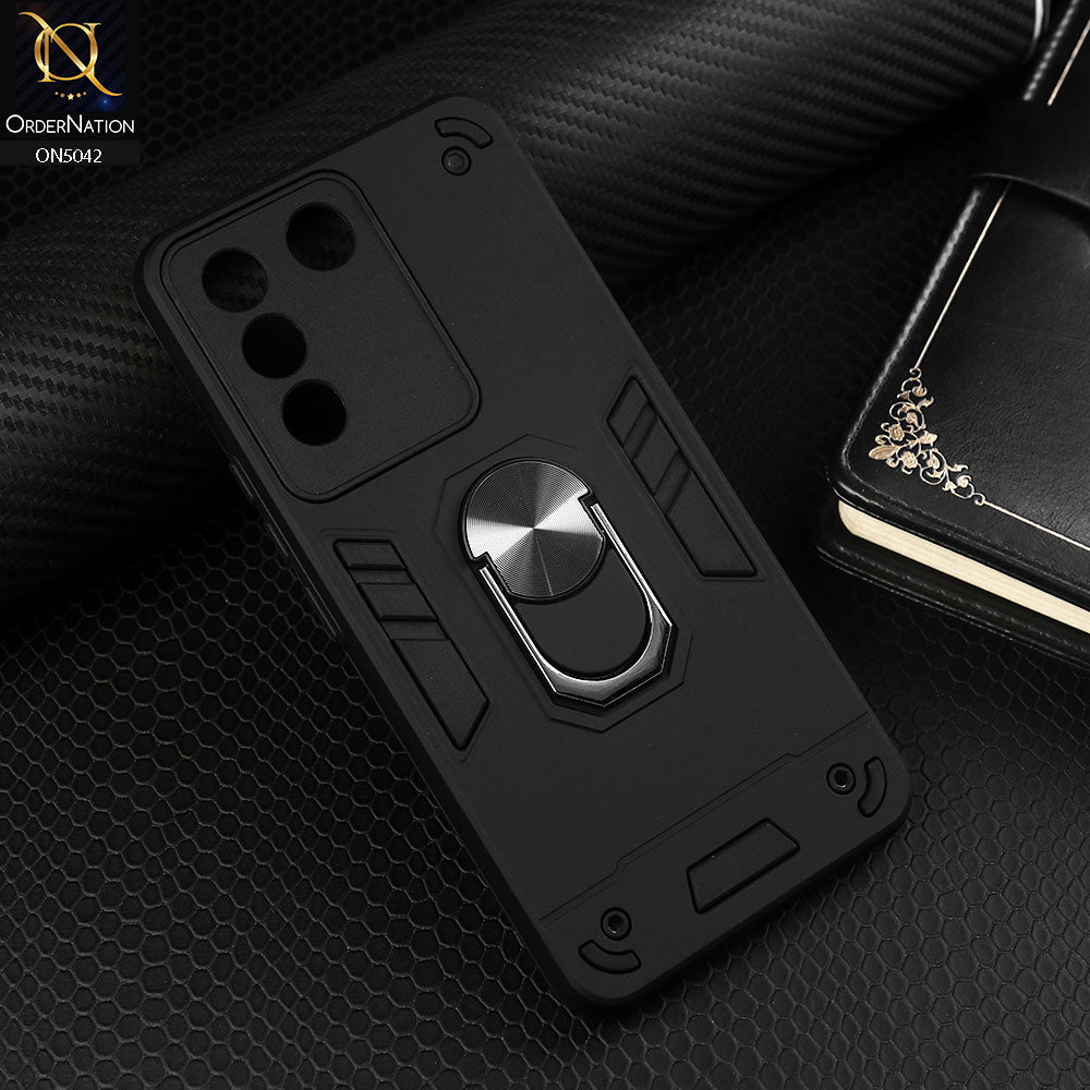 Vivo V27e Cover - Black - New Dual PC + TPU Hybrid Style Protective Soft Border Case With Kickstand Holder