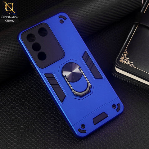 Vivo V27e Cover - Blue - New Dual PC + TPU Hybrid Style Protective Soft Border Case With Kickstand Holder