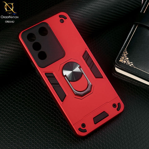 Vivo V27e Cover - Red - New Dual PC + TPU Hybrid Style Protective Soft Border Case With Kickstand Holder