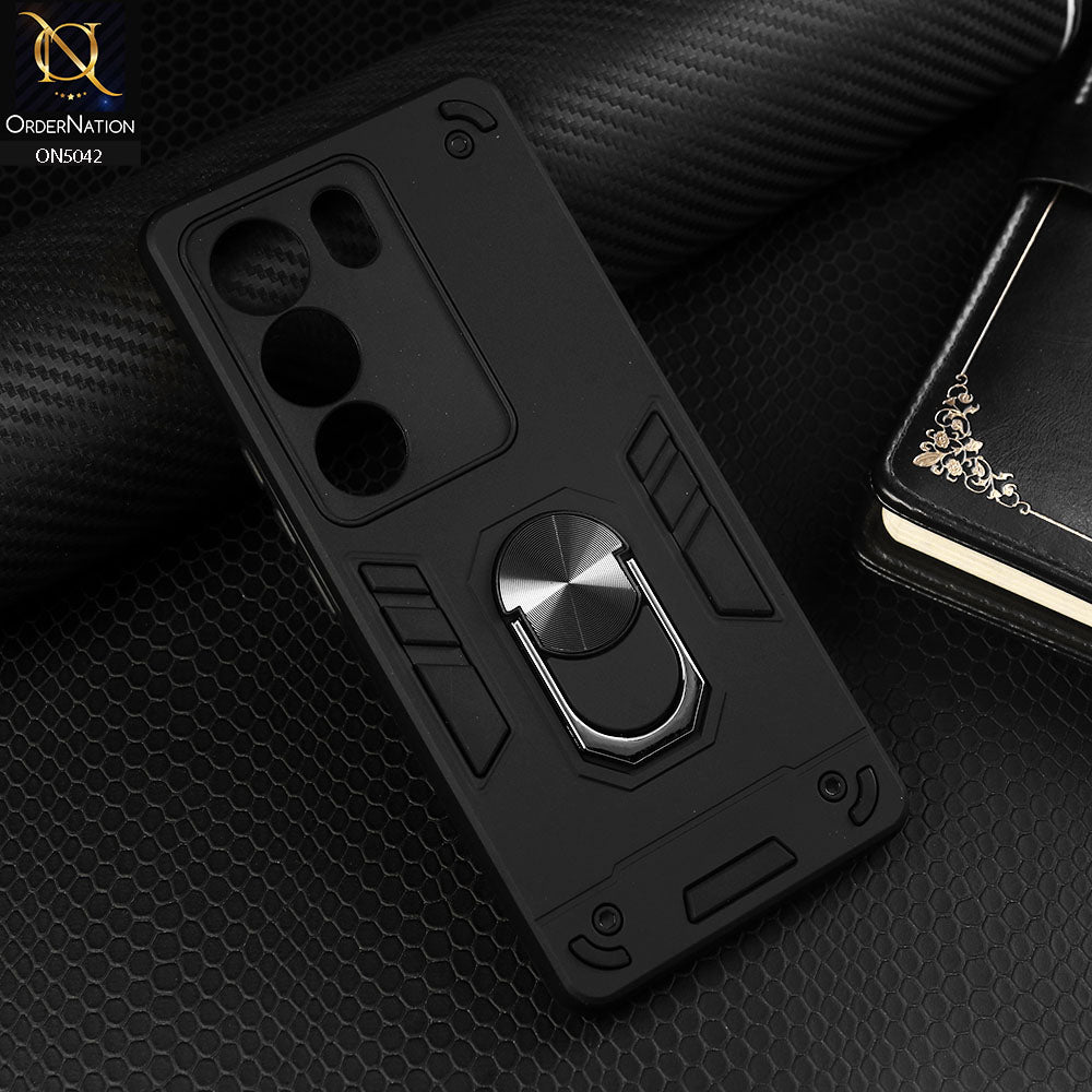 Vivo V29 Cover - Black - New Dual PC + TPU Hybrid Style Protective Soft Border Case With Kickstand Holder