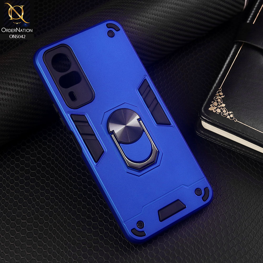 Vivo Y51 (2020 December) Cover - Blue - New Dual PC + TPU Hybrid Style Protective Soft Border Case With Kickstand Holder