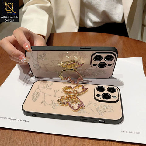 iPhone 15 Cover - Golden - Tybomb Cute Shiny Rhinestones Butterfly Holder Stand Soft Borders Case
