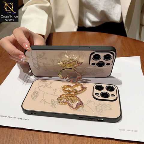 iPhone 15 Pro Max Cover - Golden - Tybomb Cute Shiny Rhinestones Butterfly Holder Stand Soft Borders Case
