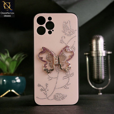 iPhone 12 Pro Max Cover - Golden - Tybomb Cute Shiny Rhinestones Butterfly Holder Stand Soft Borders Case