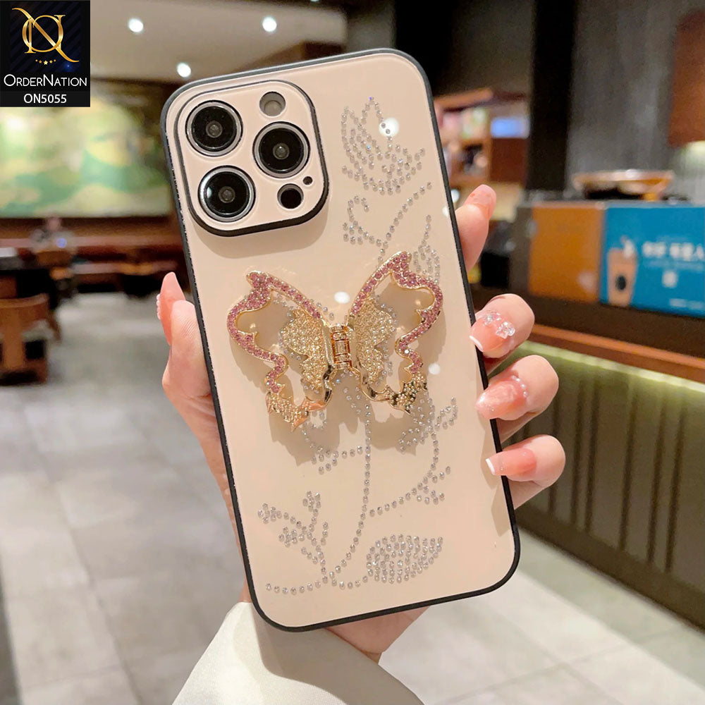 iPhone 13 Pro Max Cover - Golden - Tybomb Cute Shiny Rhinestones Butterfly Holder Stand Soft Borders Case