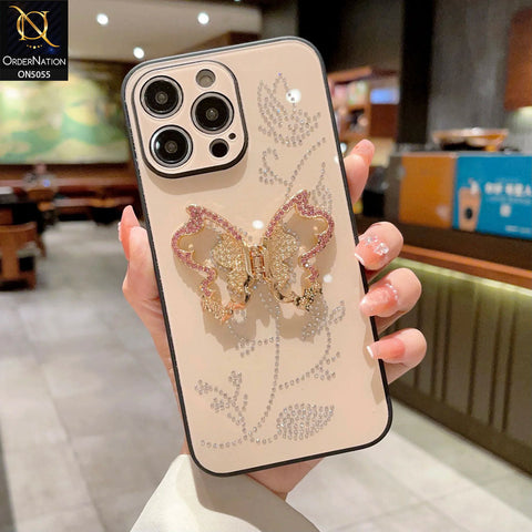 iPhone 13 Pro Max Cover - Golden - Tybomb Cute Shiny Rhinestones Butterfly Holder Stand Soft Borders Case