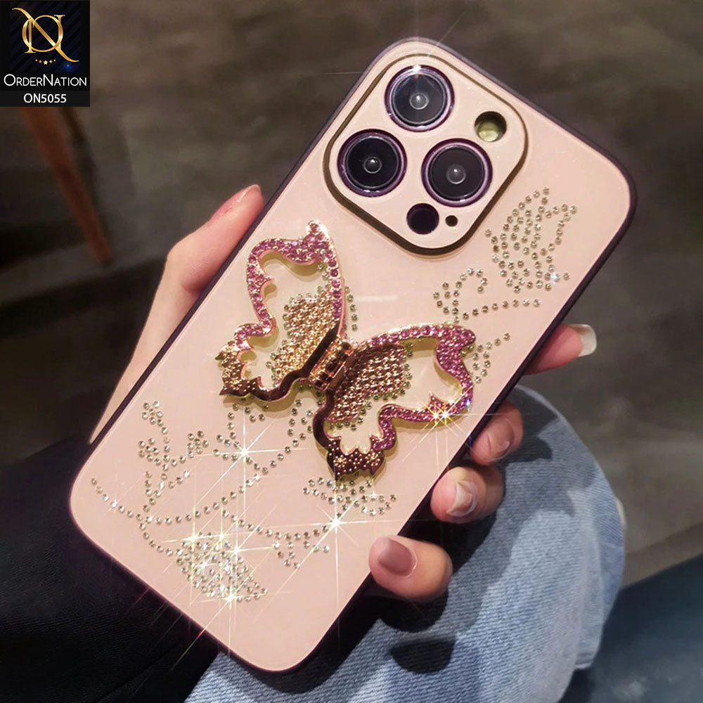 iPhone 14 Pro Cover - Golden - Tybomb Cute Shiny Rhinestones Butterfly Holder Stand Soft Borders Case