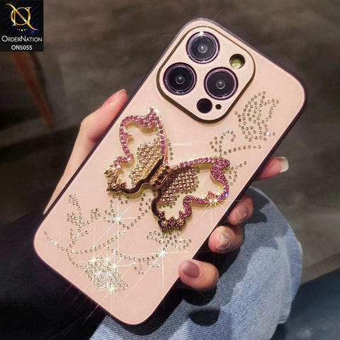 iPhone 14 Pro Cover - Golden - Tybomb Cute Shiny Rhinestones Butterfly Holder Stand Soft Borders Case