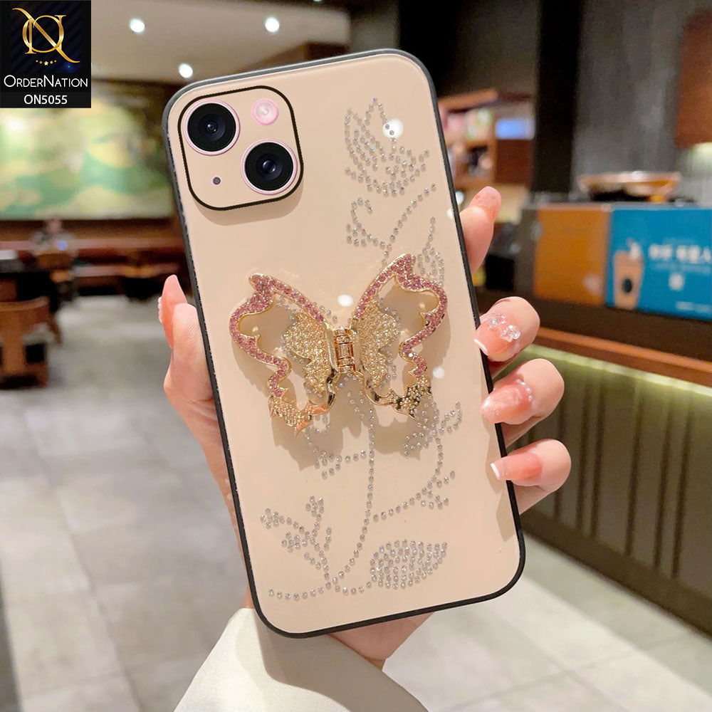 iPhone 15 Cover - Golden - Tybomb Cute Shiny Rhinestones Butterfly Holder Stand Soft Borders Case
