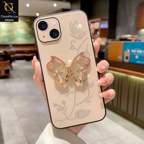 iPhone 15 Cover - Golden - Tybomb Cute Shiny Rhinestones Butterfly Holder Stand Soft Borders Case