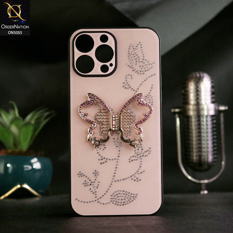 iPhone 15 Pro Max Cover - Golden - Tybomb Cute Shiny Rhinestones Butterfly Holder Stand Soft Borders Case