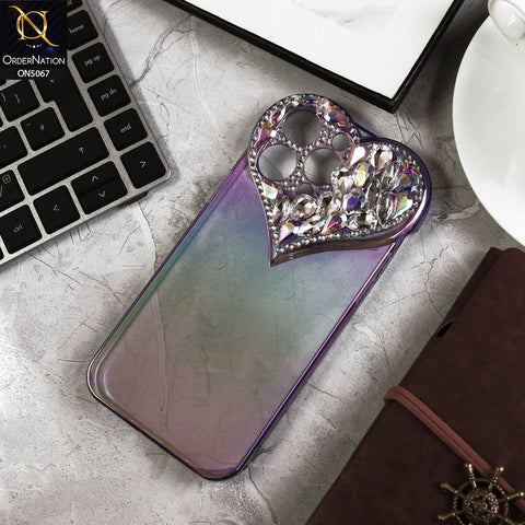 iPhone 13 Pro Max Cover - Purple - Shiny Bling Rhinestones 3D Heart Laser Electroplating Gradient Colour Soft TPU Case