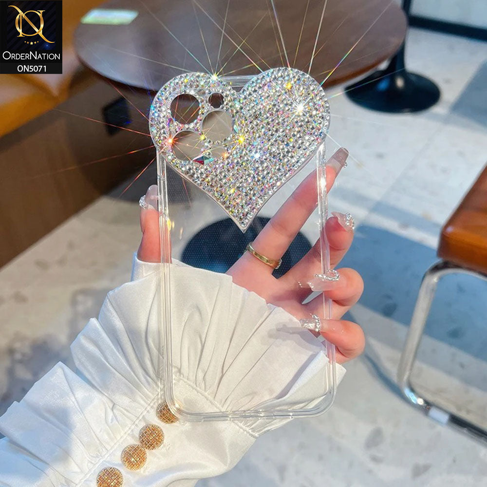 iPhone 14 Pro Max Cover - Transparent - 3D Bling Rhinestones Diamonds Love Heart Clear Transparent Soft Case