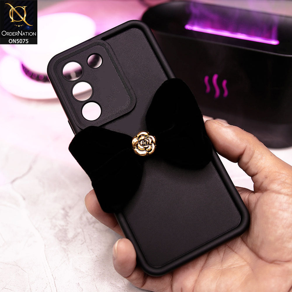 Vivo V29e Cover - Black - Trendy 3D Velvet Bow Knot Matte Soft Case With Camera Protection