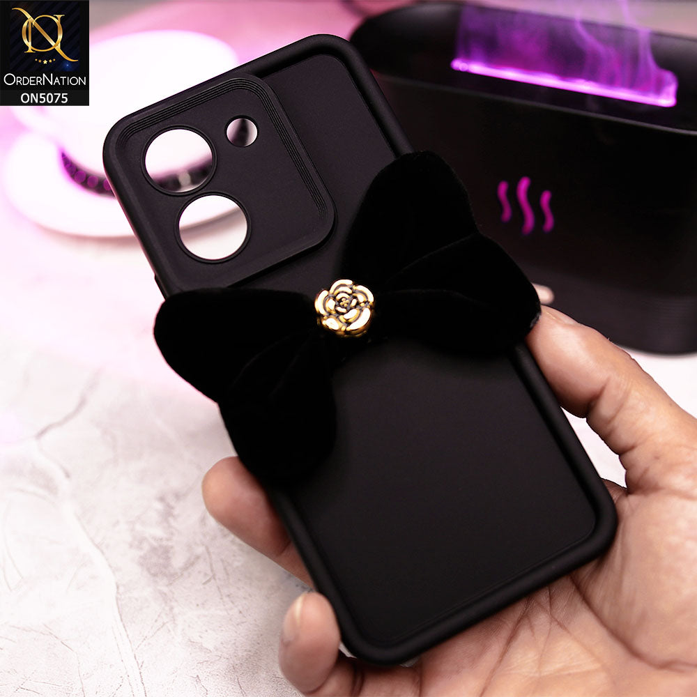 Vivo Y36 4G Cover - Black - Trendy 3D Velvet Bow Knot Matte Soft Case With Camera Protection