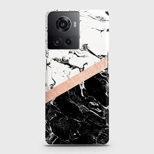 OnePlus 10R Cover - Black & White Marble With Chic RoseGold Strip Case with Life Time Colors Guarantee