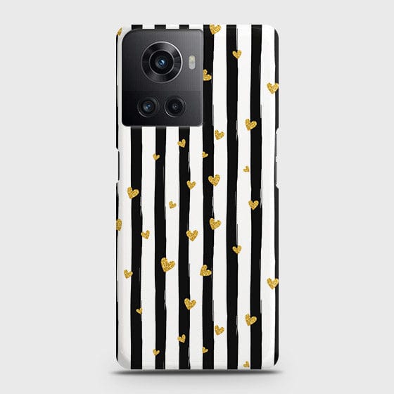 OnePlus 10R Cover - Trendy Black & White Lining With Golden Hearts Printed Hard Case with Life Time Colors Guarantee