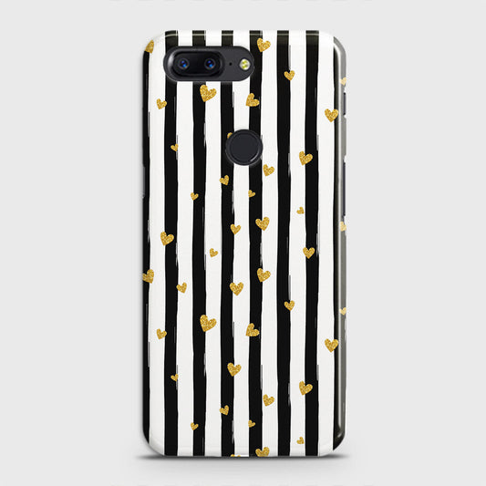 OnePlus 5T Cover - Trendy Black & White Lining With Golden Hearts Printed Hard Case with Life Time Colors Guarantee