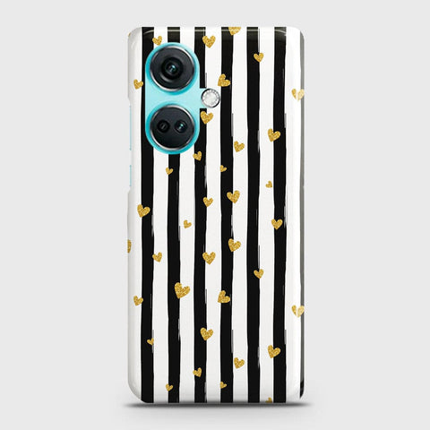 OnePlus Nord CE3 Cover - Trendy Black & White Lining With Golden Hearts Printed Hard Case with Life Time Colors Guarantee