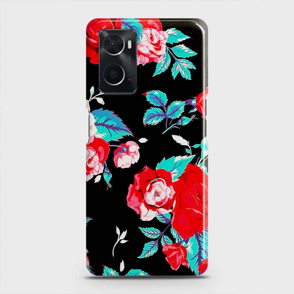 Oppo A96 4G Cover - Luxury Vintage Red Flowers Printed Hard Case with Life Time Colors Guarantee