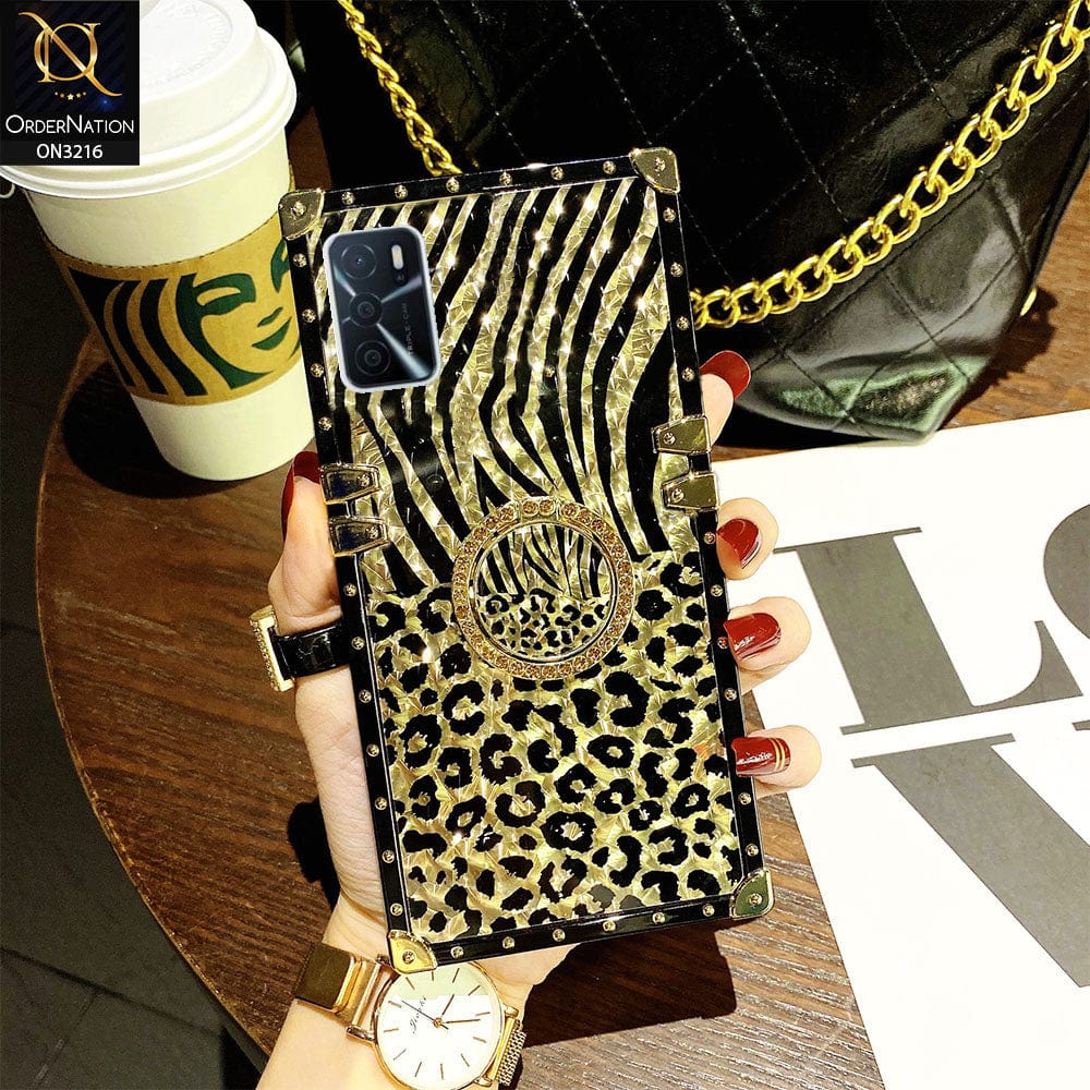 Oppo A16 Cover - Design1 - Trendy Stripes Pattern Golden Square Case With Matching Bling Ring Holder
