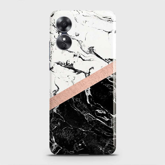 Oppo A17 Cover - Black & White Marble With Chic RoseGold Strip Case with Life Time Colors Guarantee