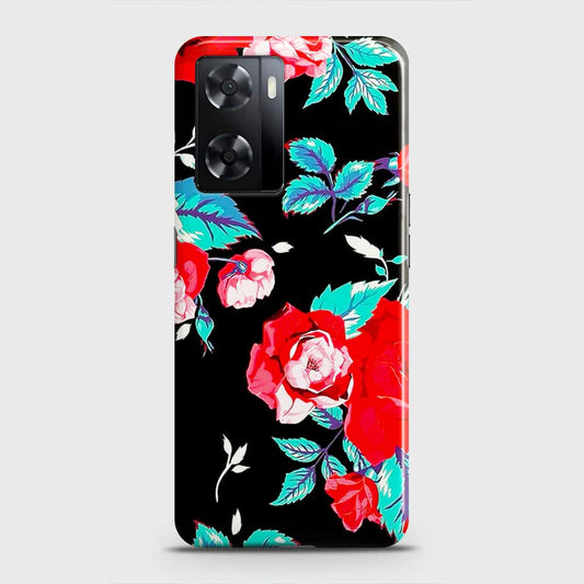 Oppo A57 4G 2022 Cover - Luxury Vintage Red Flowers Printed Hard Case with Life Time Colors Guarantee