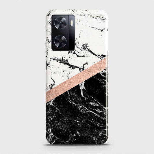Oppo A57 4G 2022 Cover - Black & White Marble With Chic RoseGold Strip Case with Life Time Colors Guarantee
