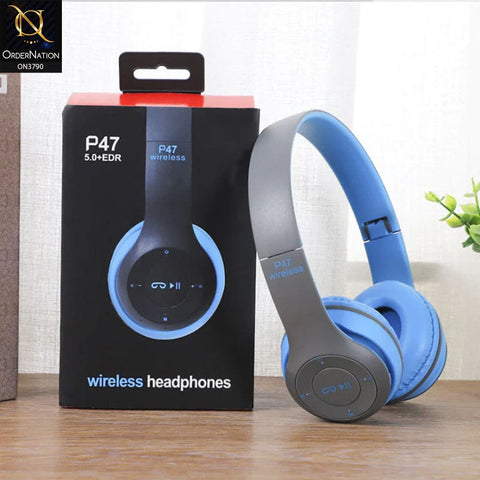 P47 Foldable Wireless Headphones 5.0 + EDR Support TF Card, MP3 Player Wireless - Blue Gray ( Wireless Headphone )