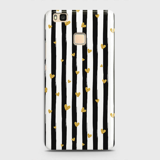 Huawei P9 Lite Cover - Trendy Black & White Lining With Golden Hearts Printed Hard Case with Life Time Colors Guarantee