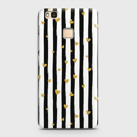 Huawei P9 Lite Cover - Trendy Black & White Lining With Golden Hearts Printed Hard Case with Life Time Colors Guarantee
