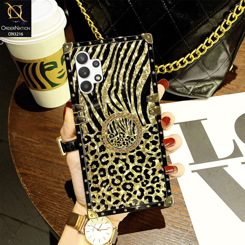 Samsung Galaxy A32 Cover - Design 1 - Trendy Stripes Pattern Golden Square Case With Matching Bling Ring Holder