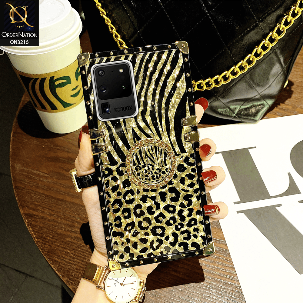 Samsung Galaxy S20 Ultra Cover - Design 1 - Trendy Stripes Pattern Golden Square Case With Matching Bling Ring Holder