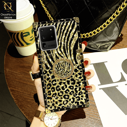 Samsung Galaxy S20 Ultra Cover - Design 1 - Trendy Stripes Pattern Golden Square Case With Matching Bling Ring Holder