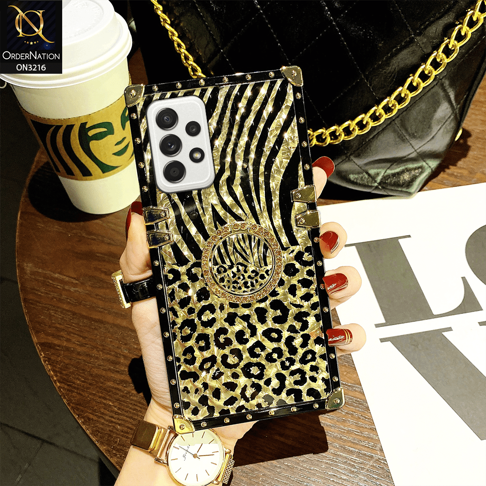 Samsung Galaxy A72 Cover - Design 1 - Trendy Stripes Pattern Golden Square Case With Matching Bling Ring Holder