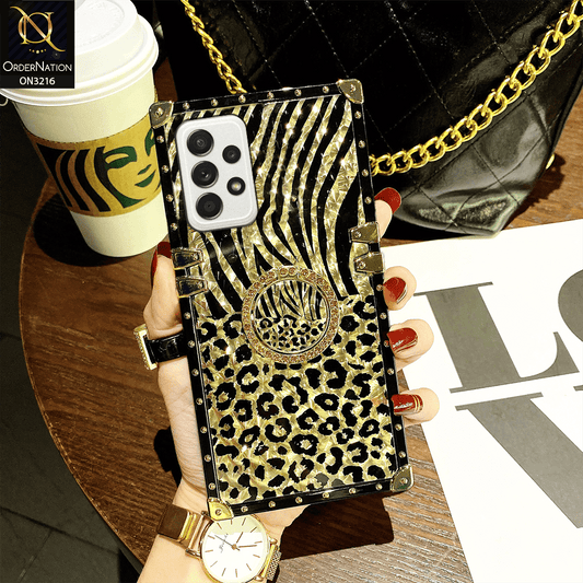 Samsung Galaxy A72 Cover - Design 1 - Trendy Stripes Pattern Golden Square Case With Matching Bling Ring Holder