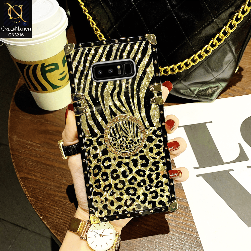 Samsung Galaxy Note 8 Cover - Design 1 - Trendy Stripes Pattern Golden Square Case With Matching Bling Ring Holder