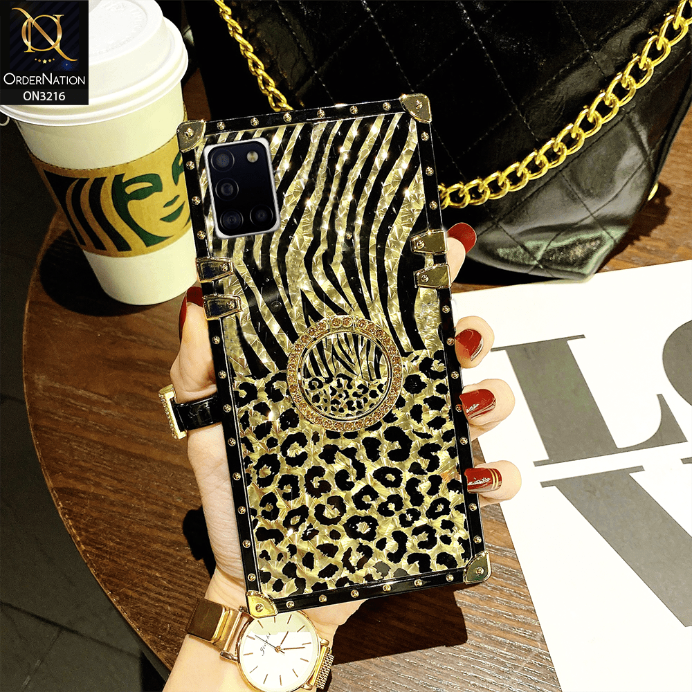 Samsung Galaxy A31 Cover - Design 1 - Trendy Stripes Pattern Golden Square Case With Matching Bling Ring Holder