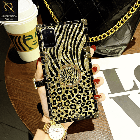 Samsung Galaxy A31 Cover - Design 1 - Trendy Stripes Pattern Golden Square Case With Matching Bling Ring Holder