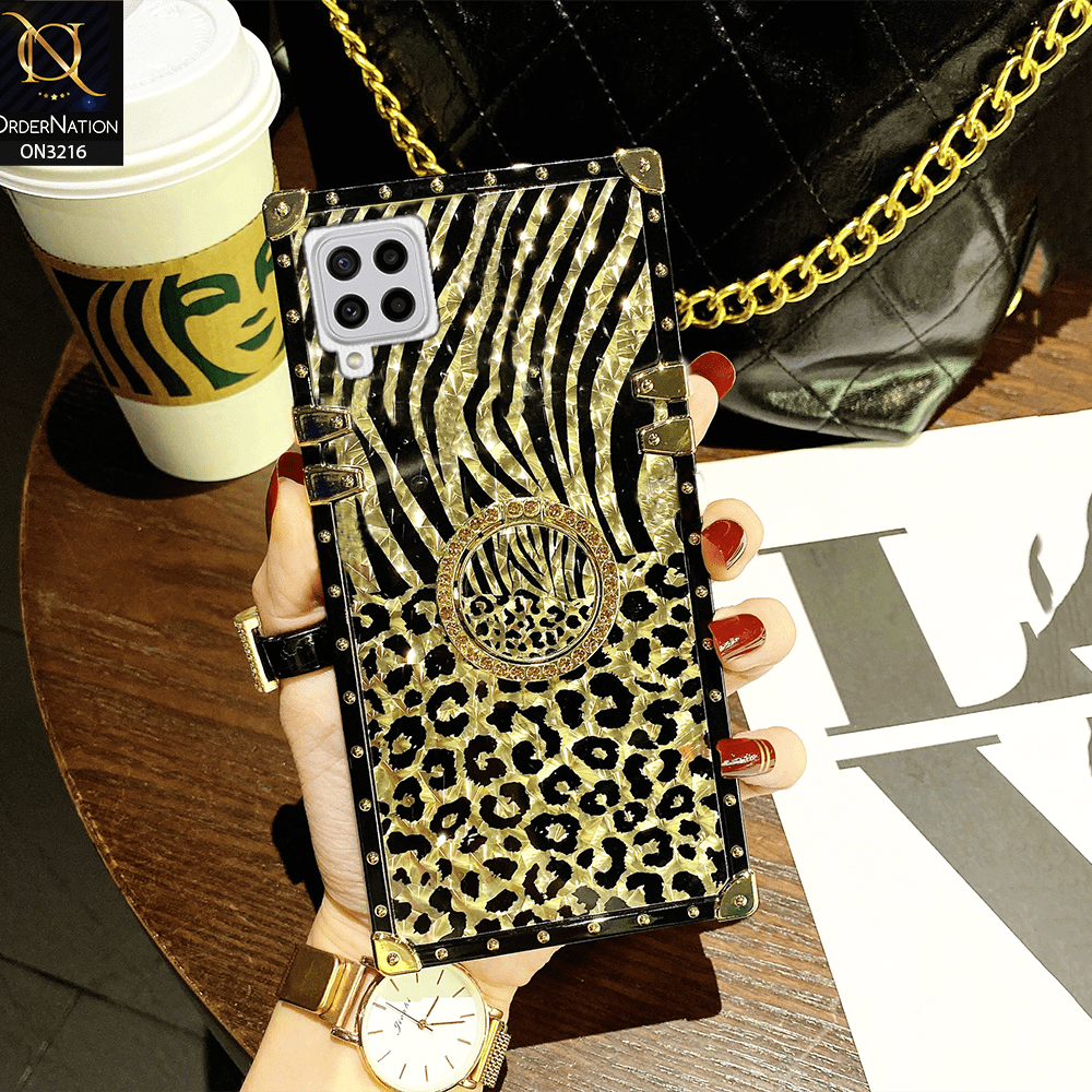 Samsung Galaxy M22 Cover - Design 1 - Trendy Stripes Pattern Golden Square Case With Matching Bling Ring Holder