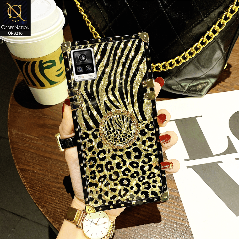 Vivo V20 Cover - Design 1 - Trendy Stripes Pattern Golden Square Case With Matching Bling Ring Holder