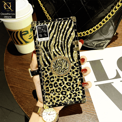 Vivo V20 Cover - Design 1 - Trendy Stripes Pattern Golden Square Case With Matching Bling Ring Holder