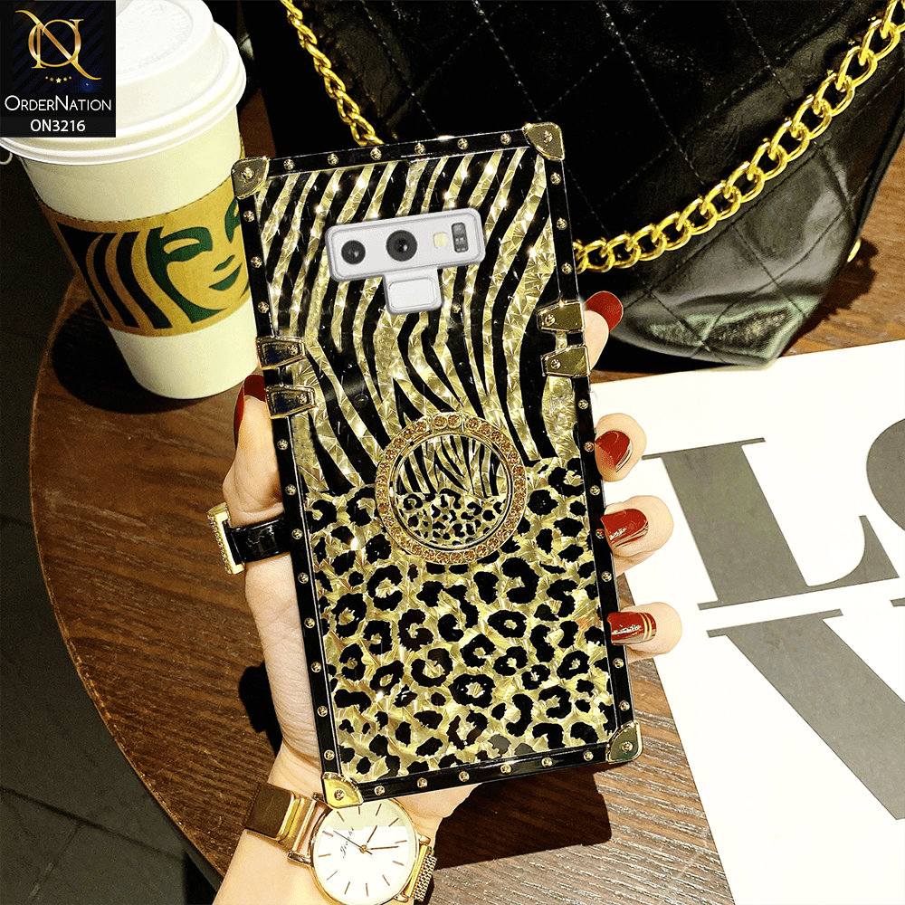 Samsung Galaxy Note 9 Cover - Design 1 - Trendy Stripes Pattern Golden Square Case With Matching Bling Ring Holder