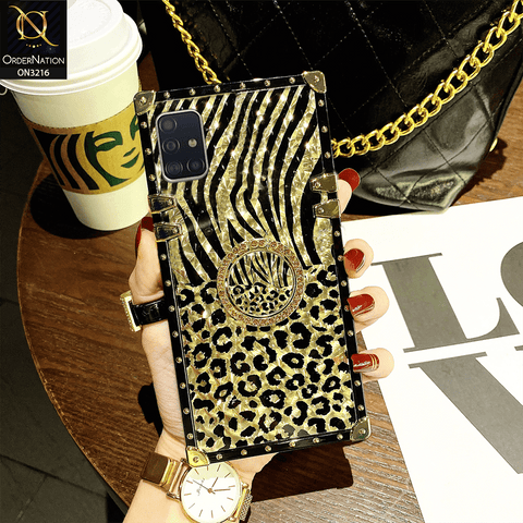 Samsung Galaxy A51 Cover - Design 1 - Trendy Stripes Pattern Golden Square Case With Matching Bling Ring Holder