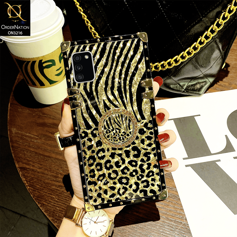 Samsung Galaxy A03s Cover - Design 1 - Trendy Stripes Pattern Golden Square Case With Matching Bling Ring Holder