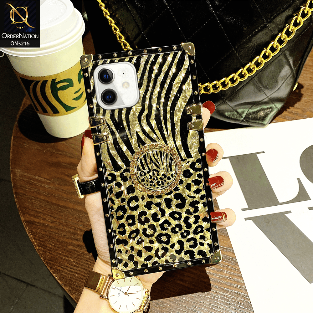 iPhone 12 Cover - Design 1 - Trendy Stripes Pattern Golden Square Case With Matching Bling Ring Holder