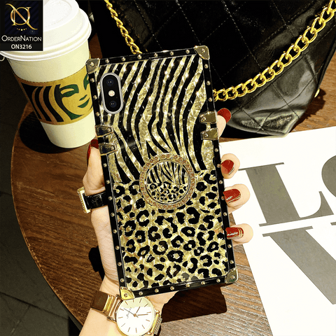 iPhone XS Max Cover - Design 1 - Trendy Stripes Pattern Golden Square Case With Matching Bling Ring Holder
